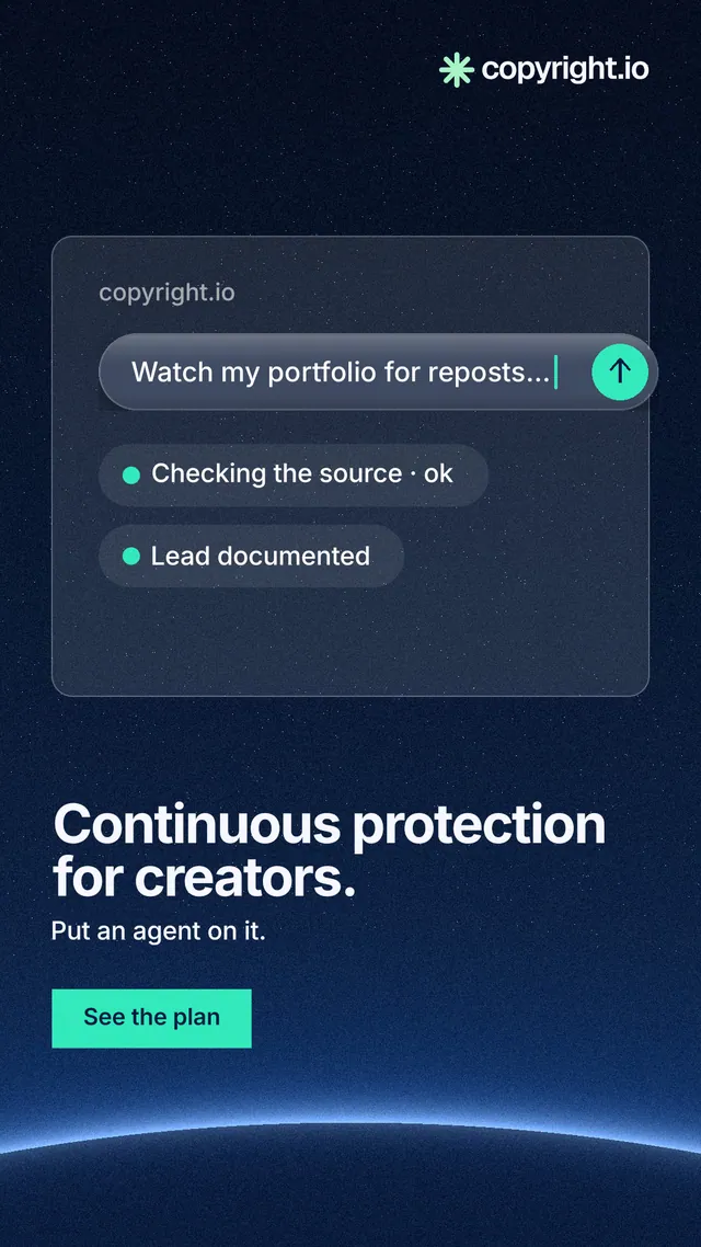 Instagram story for copyright.io: "Continuous protection for creators." Swiss style, bottom layout, dark palette in blue, black.