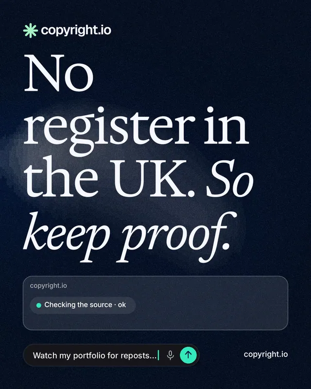 Instagram portrait post for copyright.io: "No register in the UK. So keep proof." Thermal style, poster layout, dark palette in blue, black, grey.