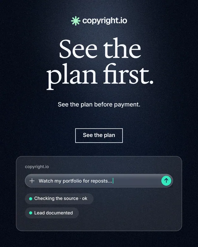 Instagram portrait post for copyright.io: "See the plan first." Dark deco style, centred layout, dark palette in blue, black, grey.