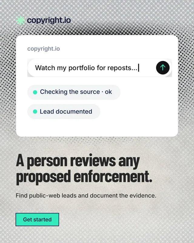 Instagram portrait post for copyright.io: "A person reviews any proposed enforcement." Ink sticker style, bottom layout, light palette in white, grey.