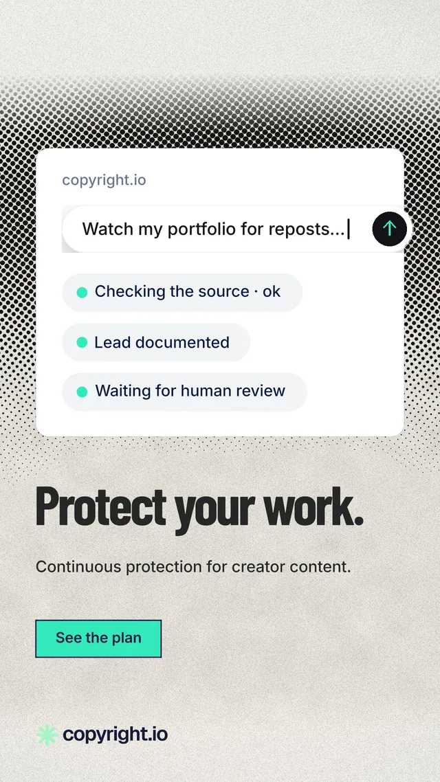 Instagram story for copyright.io: "Protect your work." Ink sticker style, bottom layout, light palette in white, grey.