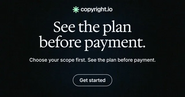 Social ad for copyright.io: "See the plan before payment." Phosphor atlas style, centred layout, dark palette in black.