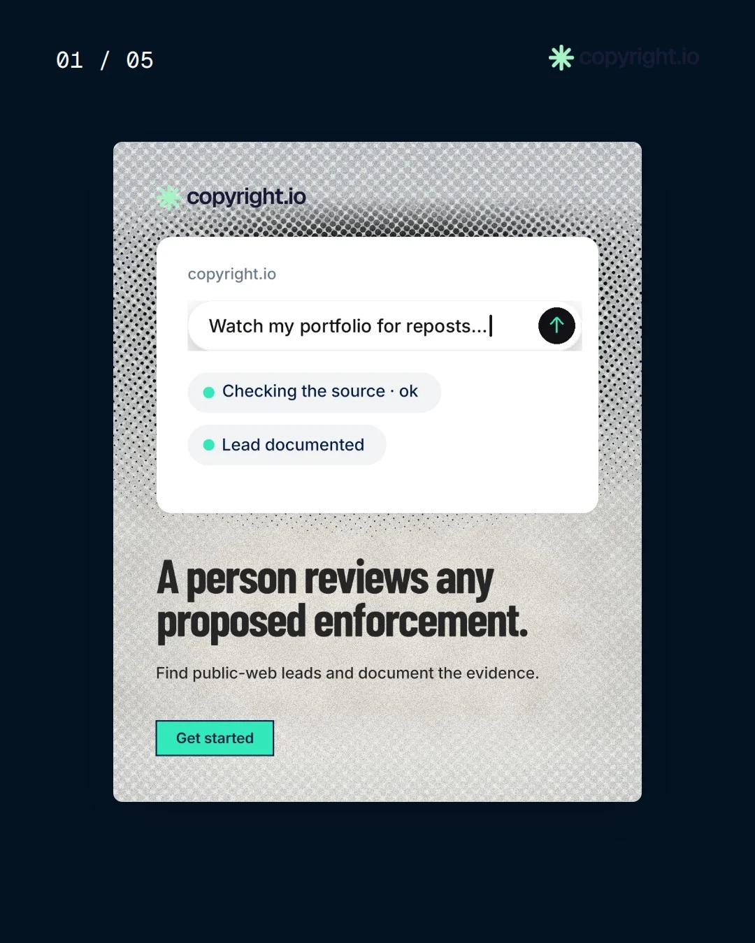 Video for copyright.io. Ad flipbook, 7.5 s, light palette.