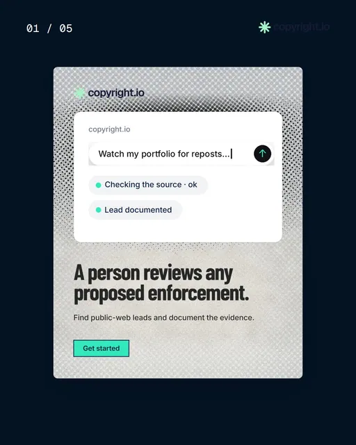 Video for copyright.io. Ad flipbook, 7.5 s, light palette.