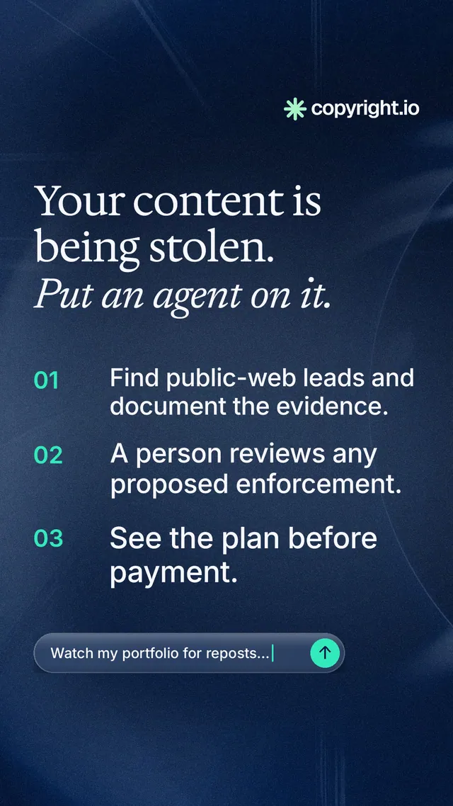 Instagram story for copyright.io: "Your content is being stolen. Put an agent on it." Agentic glass style, numbered layout, dark palette in blue, black, grey.