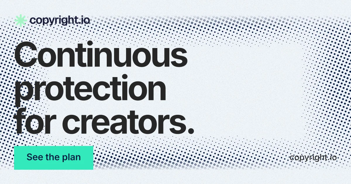 Social ad for copyright.io: "Continuous protection for creators." Swiss style, poster layout, light palette in blue, white, grey.