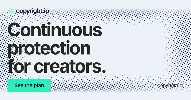 Social ad for copyright.io: "Continuous protection for creators." Swiss style, poster layout, light palette in blue, white, grey.