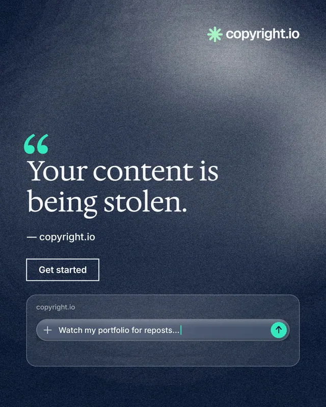 Instagram portrait post for copyright.io: "Your content is being stolen." Cyanotype style, quote layout, dark palette in blue, grey.