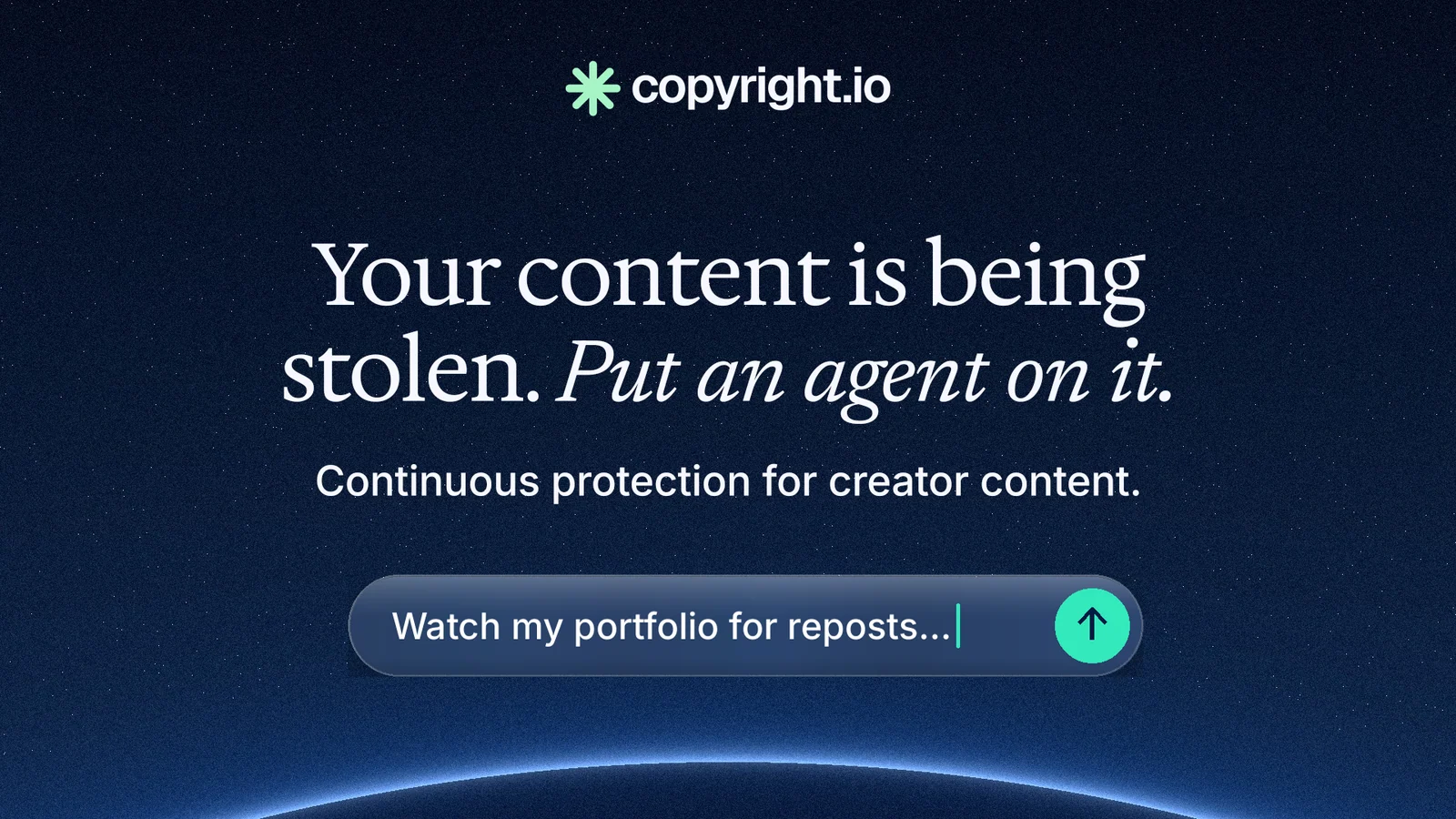 Landscape graphic for copyright.io: "Your content is being stolen. Put an agent on it." Agentic glass style, centred layout, dark palette in blue, black.