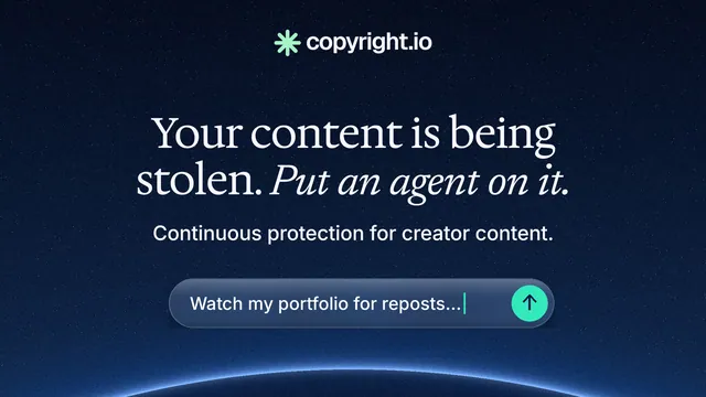 Landscape graphic for copyright.io: "Your content is being stolen. Put an agent on it." Agentic glass style, centred layout, dark palette in blue, black.