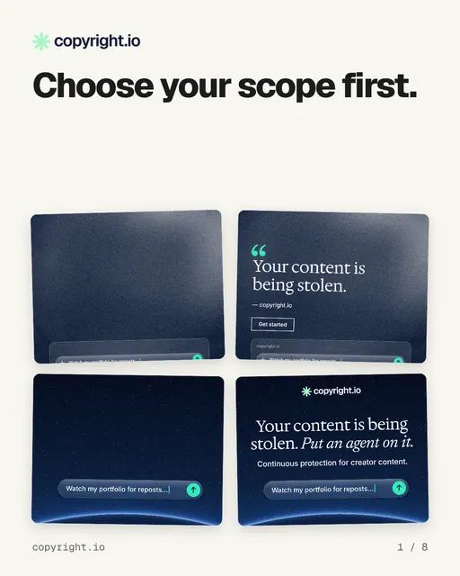 Carousel for copyright.io: "Choose your scope first.". Collection carousel, 8 slides, light palette.