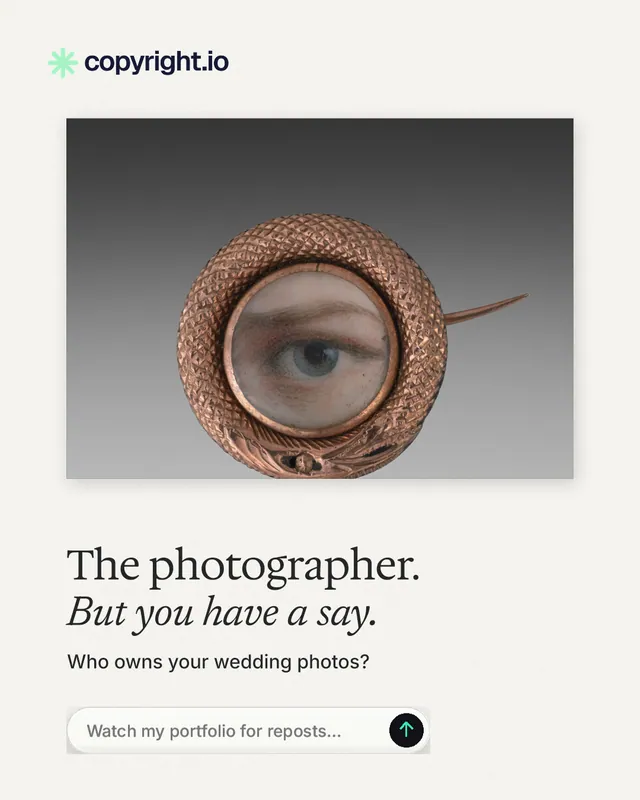 Instagram portrait post for copyright.io: "The photographer. But you have a say." Agentic glass style, bottom layout, light palette in white, grey.