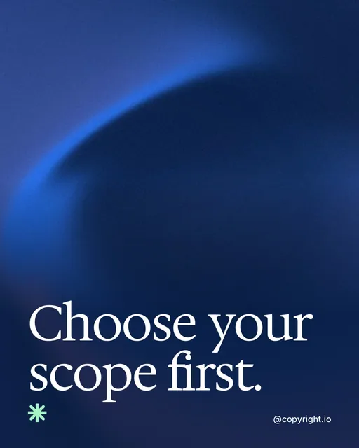 Video for copyright.io: "Choose your scope first.". Shader loop, 6.0 s, dark palette.