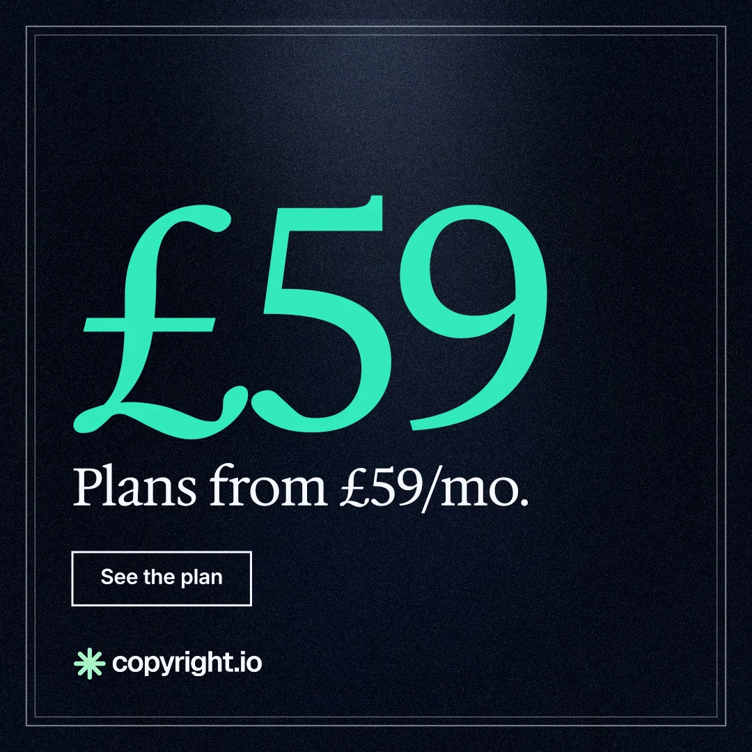 Instagram post for copyright.io: "Continuous protection for creator content." Dark deco style, stat layout, dark palette in black, teal.
