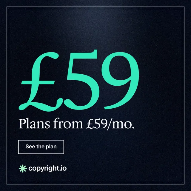 Instagram post for copyright.io: "Continuous protection for creator content." Dark deco style, stat layout, dark palette in black, teal.