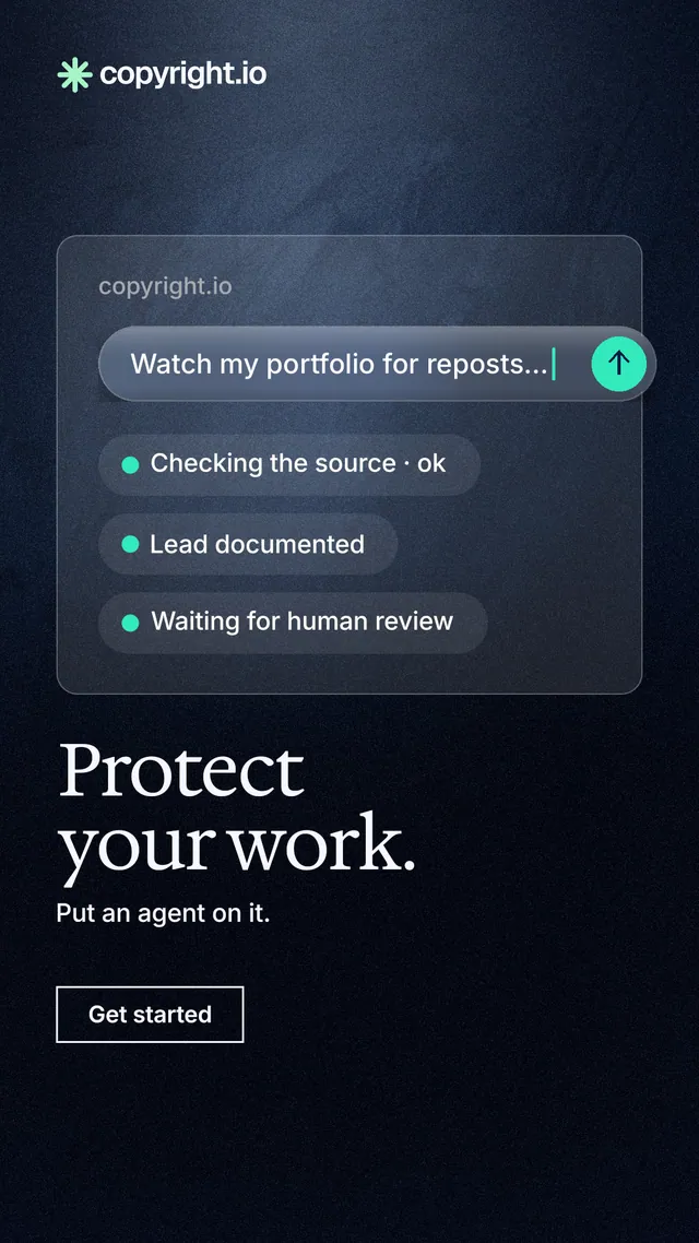 Instagram story for copyright.io: "Protect your work." Dark deco style, bottom layout, dark palette in black, blue, grey.