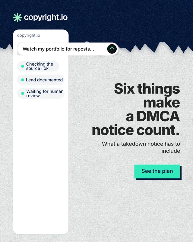 Instagram portrait post for copyright.io: "Six things make a DMCA notice count." Paper trio style, right layout, light palette in white, blue.