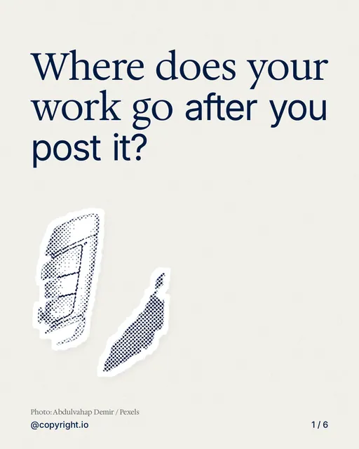 Carousel for copyright.io: "Where does your work go after you post it?". Cutout essay, 6 slides, light palette.