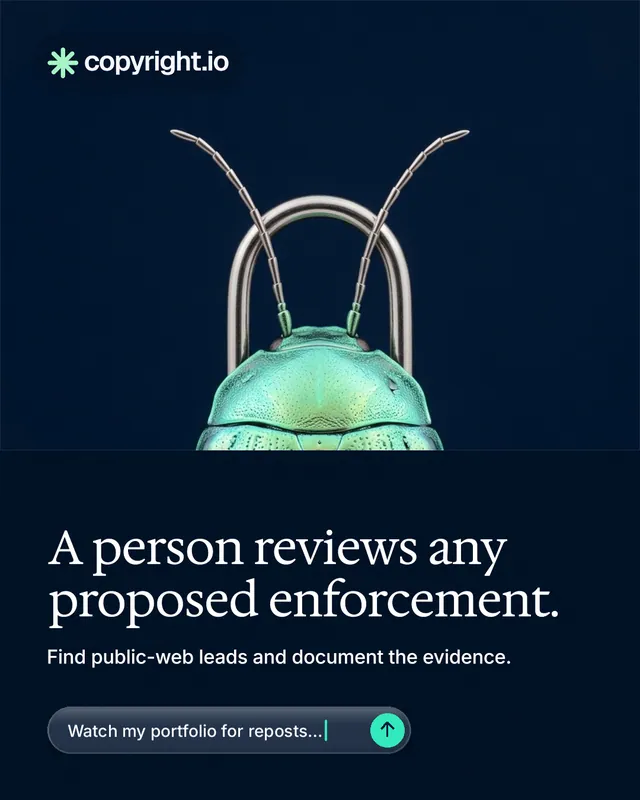 Instagram portrait post for copyright.io: "A person reviews any proposed enforcement." Agentic glass style, bottom layout, dark palette in black, blue.