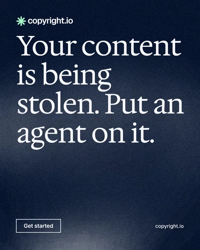 Instagram portrait post for copyright.io: "Your content is being stolen. Put an agent on it." Cyanotype style, poster layout, dark palette in blue, black, grey.