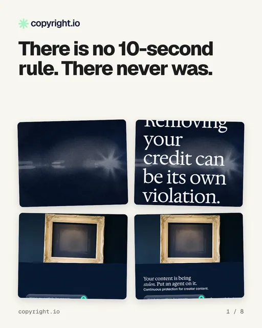 Carousel for copyright.io: "There is no 10-second rule. There never was.". Collection carousel, 8 slides, light palette.