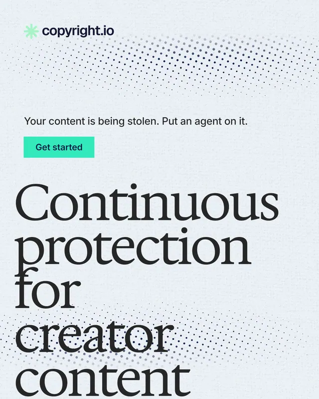 Instagram portrait post for copyright.io: "Continuous protection for creator content." Swiss style, oversized layout, light palette in white, blue, grey.