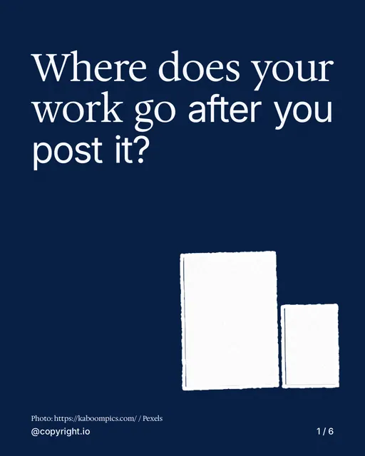 Carousel for copyright.io: "Where does your work go after you post it?". Cutout essay, 6 slides, dark palette.