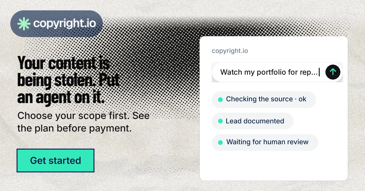 Social ad for copyright.io: "Your content is being stolen. Put an agent on it." Ink sticker style, bottom layout, light palette in white, grey.