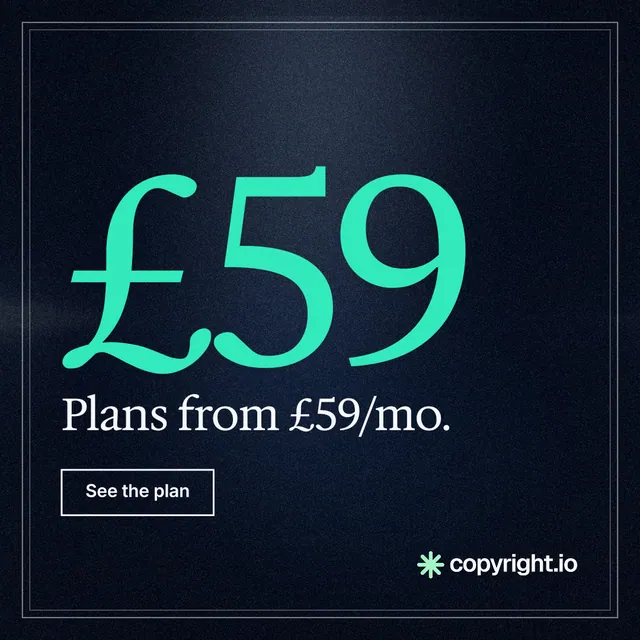 Instagram post for copyright.io: "Find your reposted work." Dark deco style, stat layout, dark palette in black, teal.