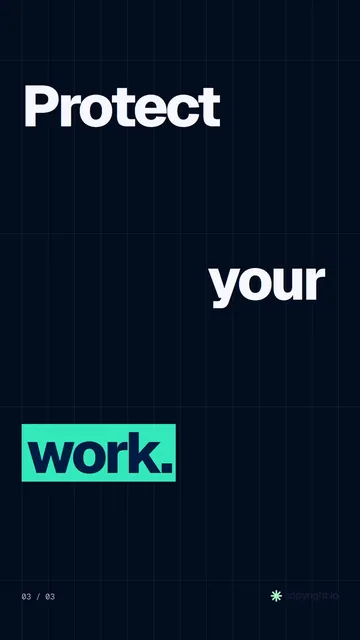 Video for copyright.io: "Protect your work.". Kinetic type grid, 6.0 s, dark palette.