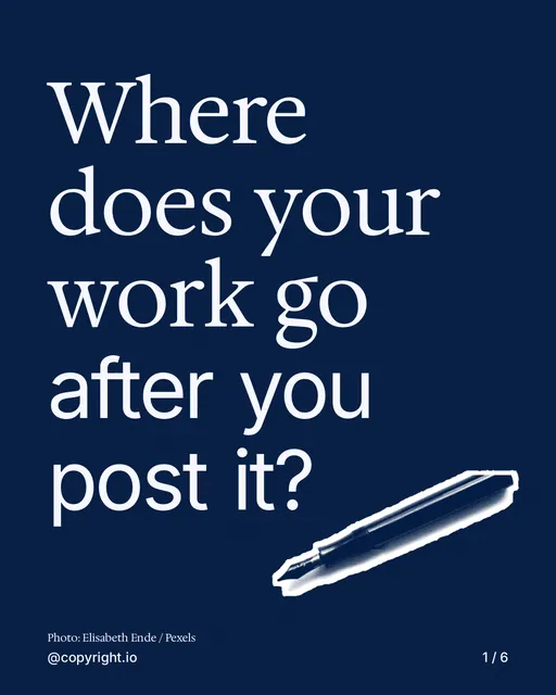 Carousel for copyright.io: "Where does your work go after you post it?". Cutout essay, 6 slides, dark palette.