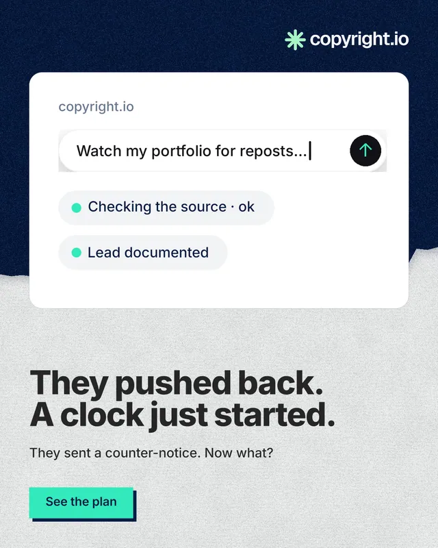 Instagram portrait post for copyright.io: "They pushed back. A clock just started." Paper trio style, bottom layout, light palette in white, blue.