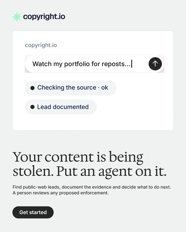 Instagram portrait post for copyright.io: "Your content is being stolen. Put an agent on it." Data card style, bottom layout, light palette in white.