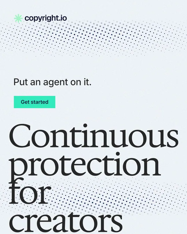 Instagram portrait post for copyright.io: "Continuous protection for creators." Swiss style, oversized layout, light palette in white, blue, grey.
