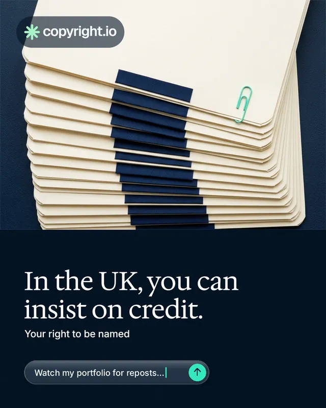 Instagram portrait post for copyright.io: "In the UK, you can insist on credit." Agentic glass style, bottom layout, dark palette in yellow, black, blue.