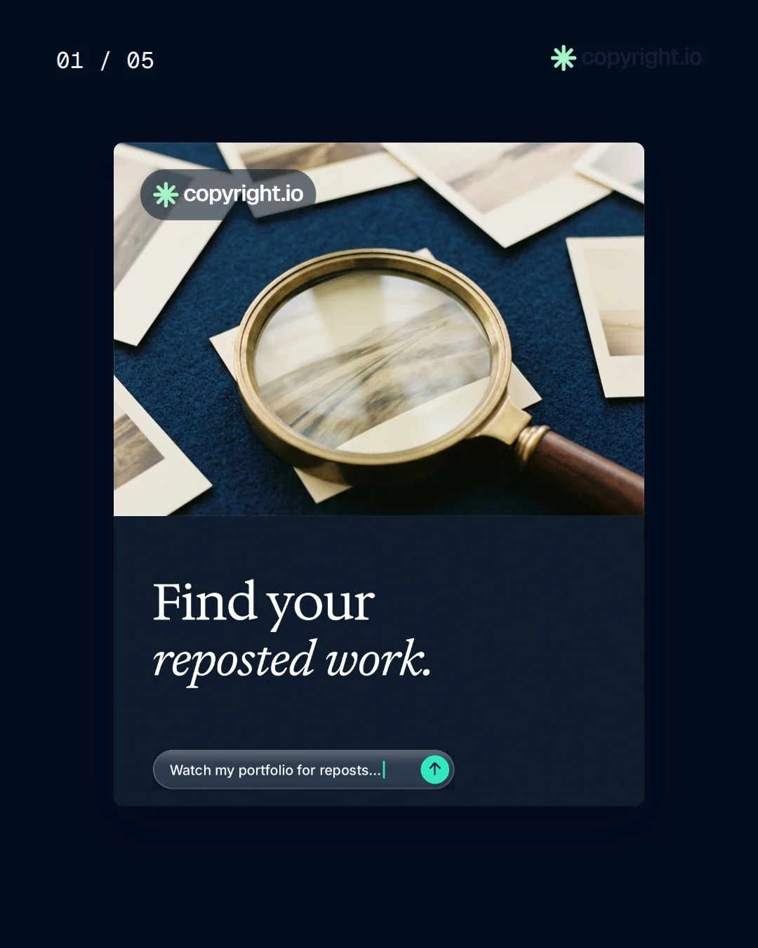 Video for copyright.io. Ad flipbook, 7.5 s, dark palette.