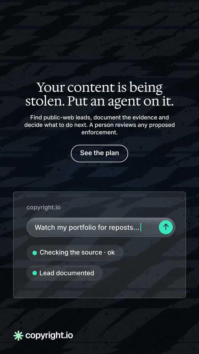 Instagram story for copyright.io: "Your content is being stolen. Put an agent on it." Phosphor atlas style, centred layout, dark palette in black, grey.