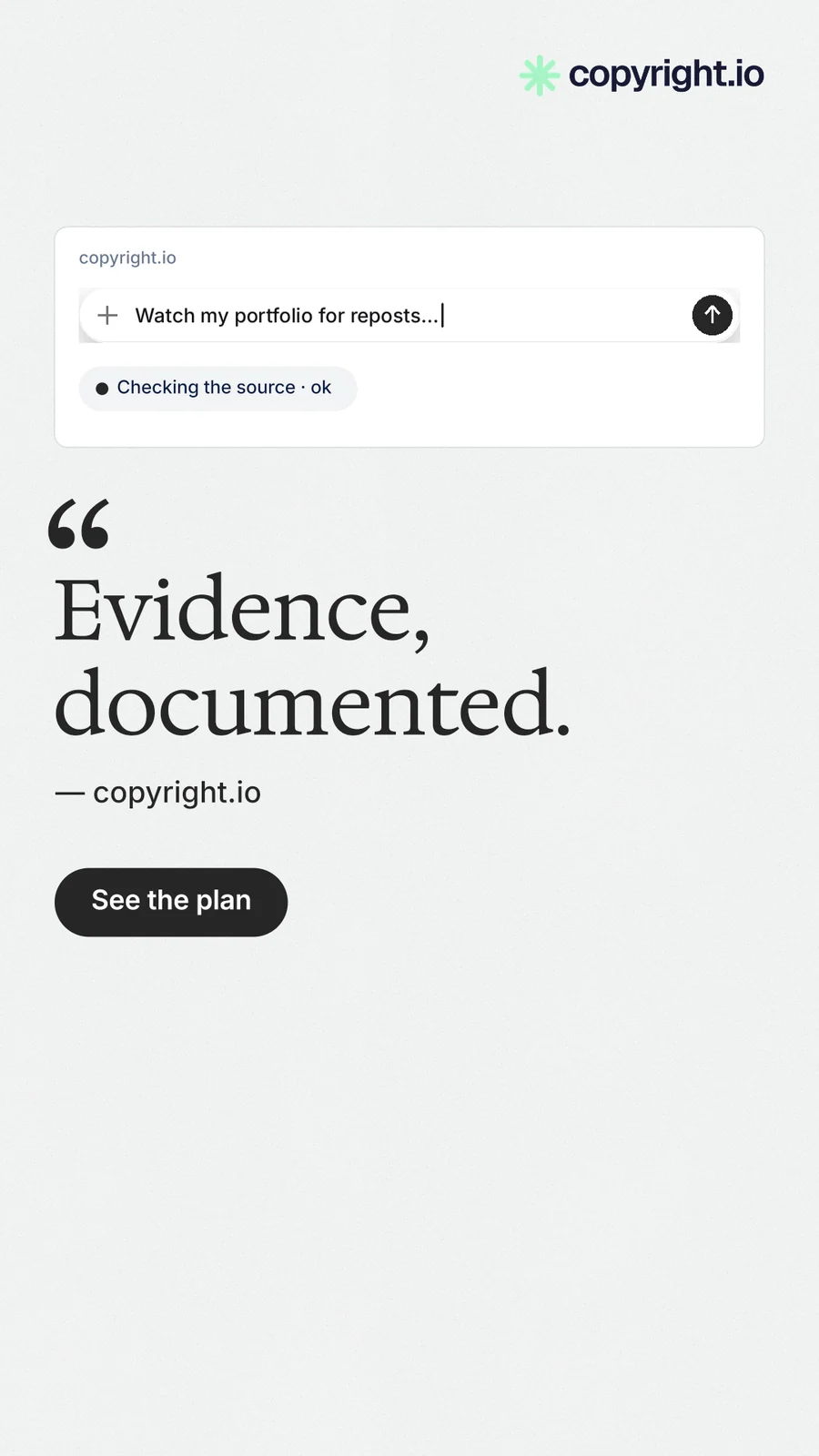 Instagram story for copyright.io: "Evidence, documented." Data card style, quote layout, light palette in white, grey.