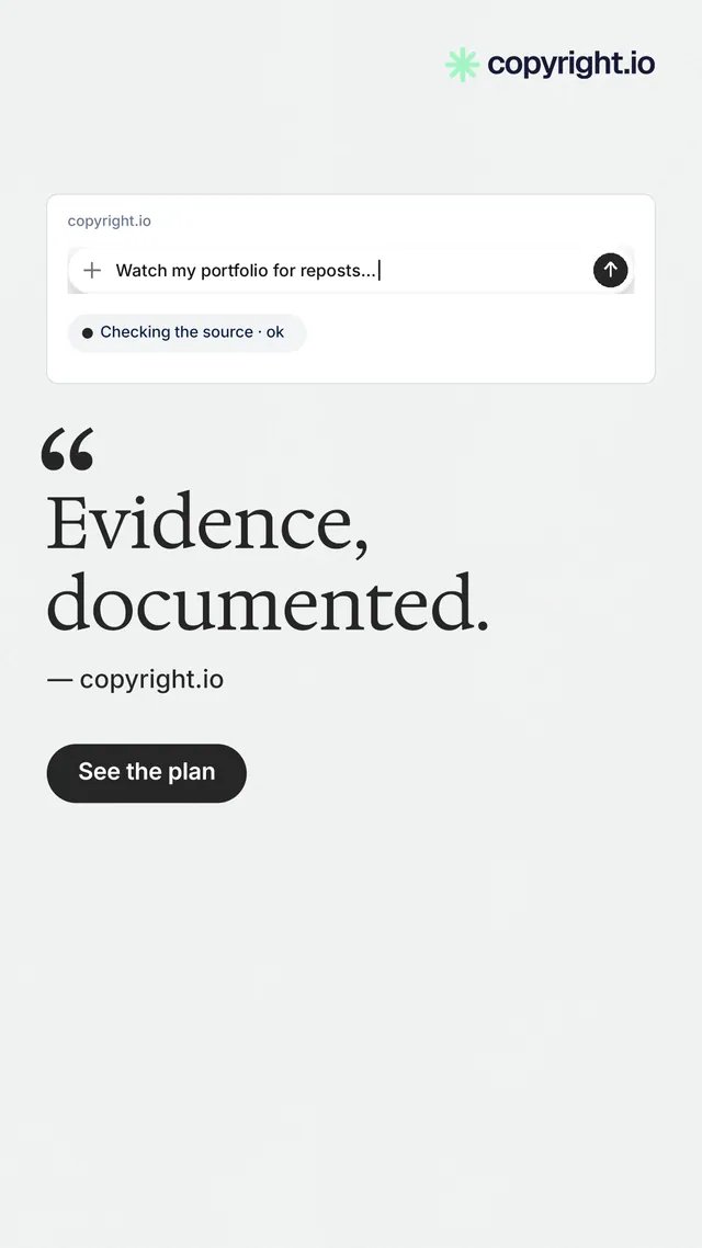 Instagram story for copyright.io: "Evidence, documented." Data card style, quote layout, light palette in white, grey.