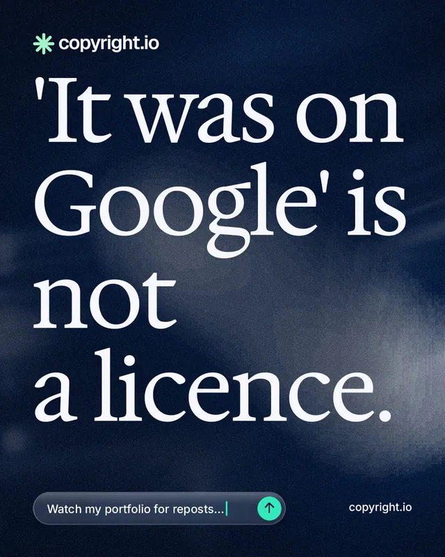 Instagram portrait post for copyright.io: "'It was on Google' is not a licence." Thermal style, poster layout, dark palette in blue, black, grey.
