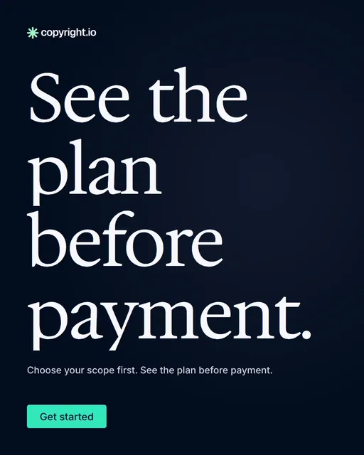 Video for copyright.io: "See the plan before payment.". Doc motion loop, 8.0 s, dark palette.