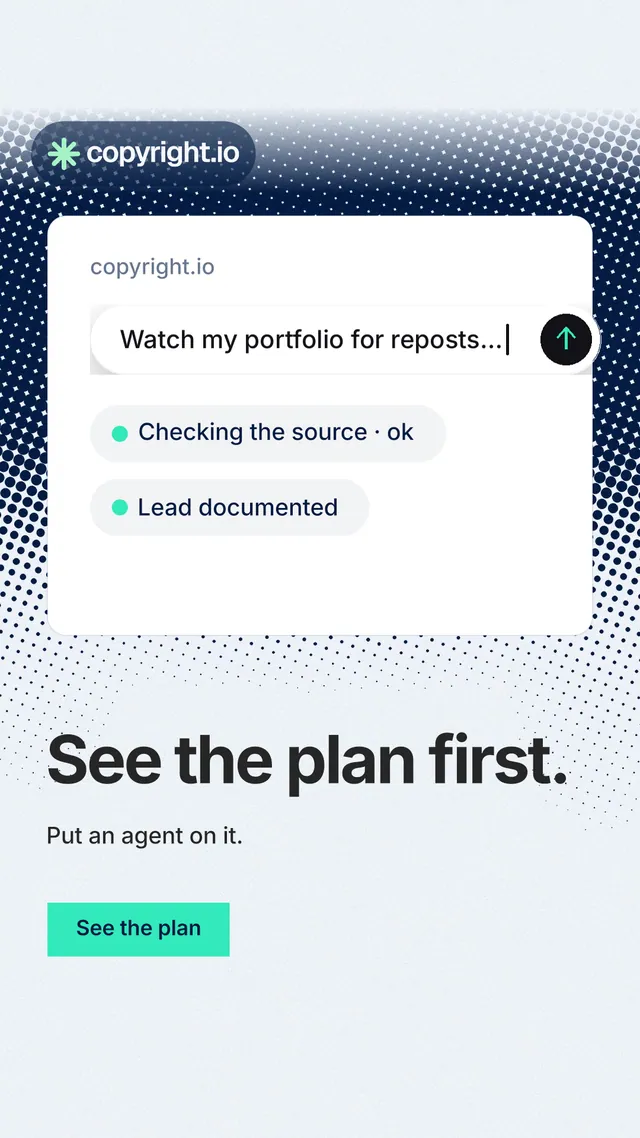 Instagram story for copyright.io: "See the plan first." Swiss style, bottom layout, light palette in white, grey, teal.