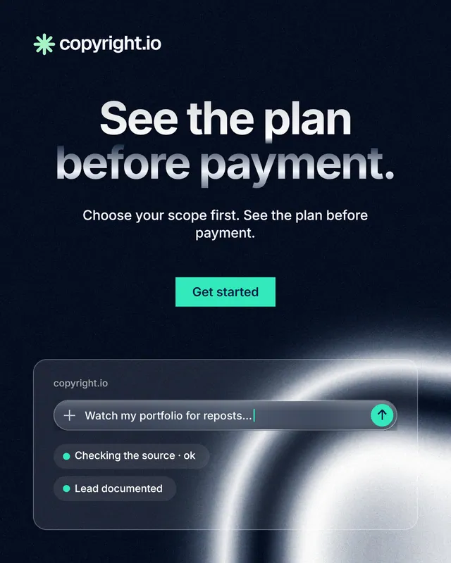 Instagram portrait post for copyright.io: "See the plan before payment." Swiss style, centred layout, dark palette in black, blue, grey.