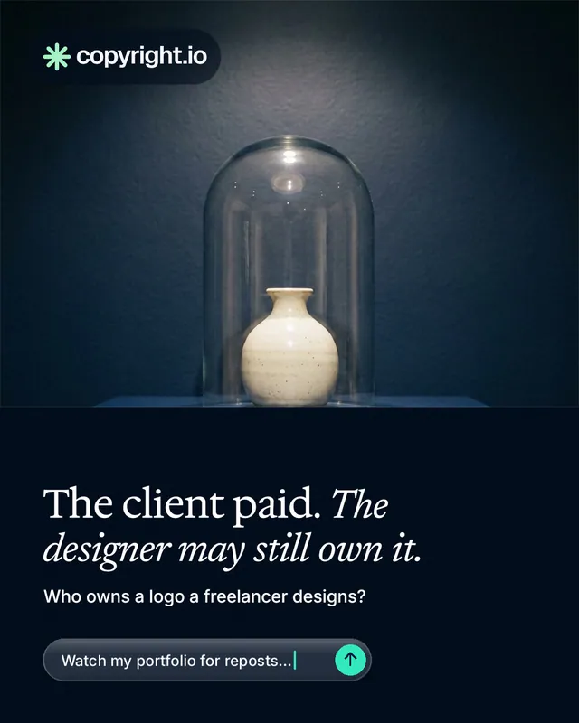 Instagram portrait post for copyright.io: "The client paid. The designer may still own it." Agentic glass style, bottom layout, dark palette in black, blue, grey.