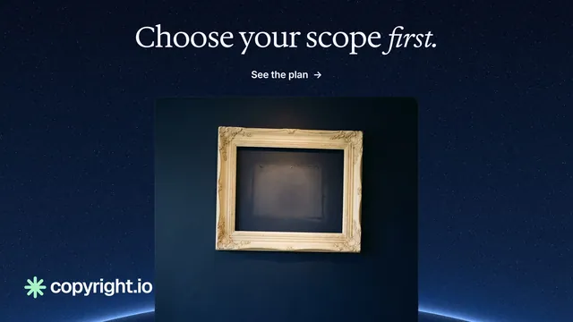 Landscape graphic for copyright.io: "Choose your scope first." Agentic glass style, ogui layout, dark palette in blue, black, grey.