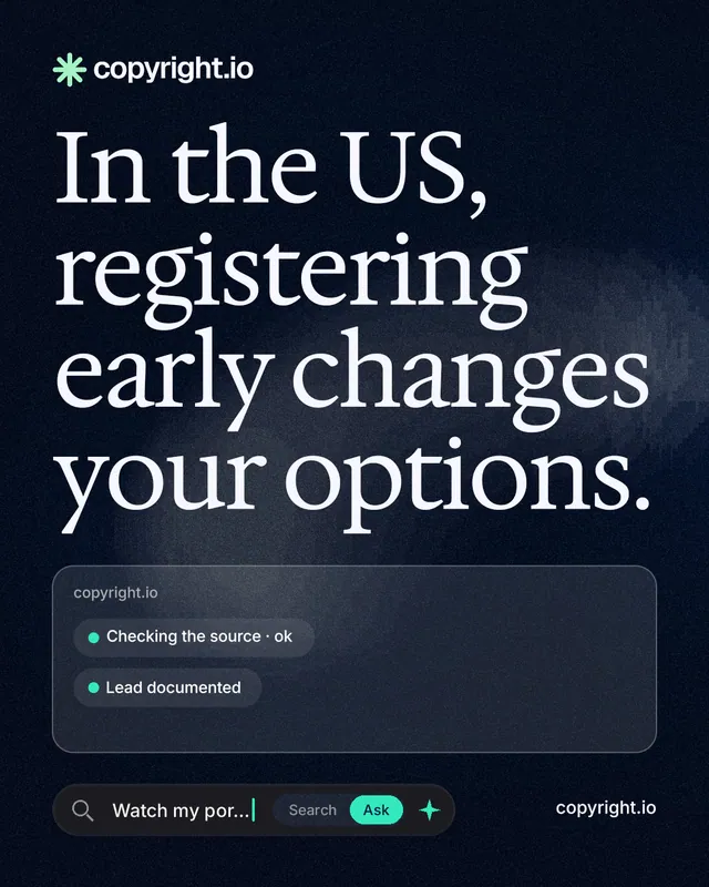 Instagram portrait post for copyright.io: "In the US, registering early changes your options." Thermal style, poster layout, dark palette in blue, black, grey.