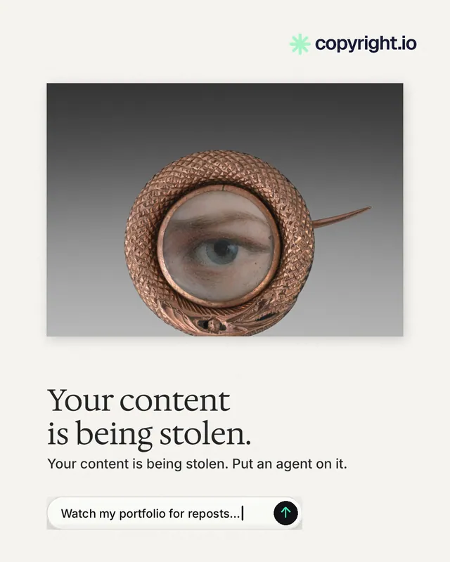 Instagram portrait post for copyright.io: "Your content is being stolen." Agentic glass style, bottom layout, light palette in white, grey.