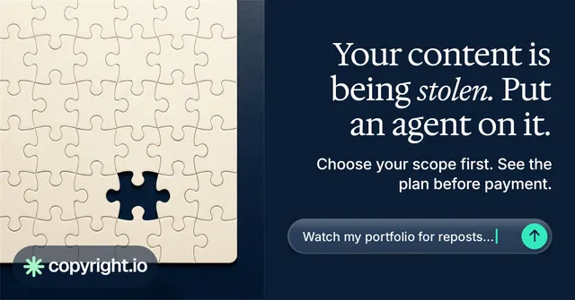 Social ad for copyright.io: "Your content is being stolen. Put an agent on it." Agentic glass style, right layout, dark palette in blue, yellow, grey.