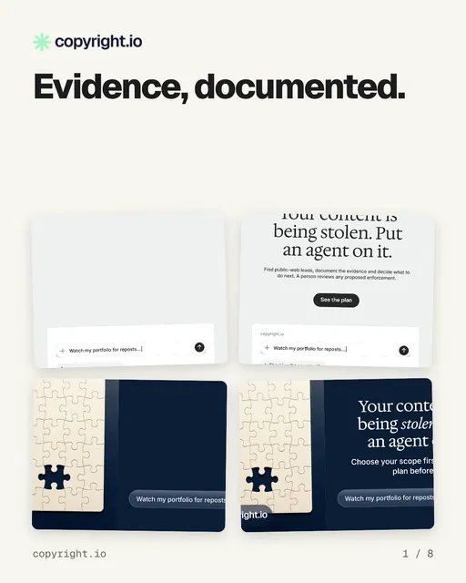 Carousel for copyright.io: "Evidence, documented.". Collection carousel, 8 slides, light palette.