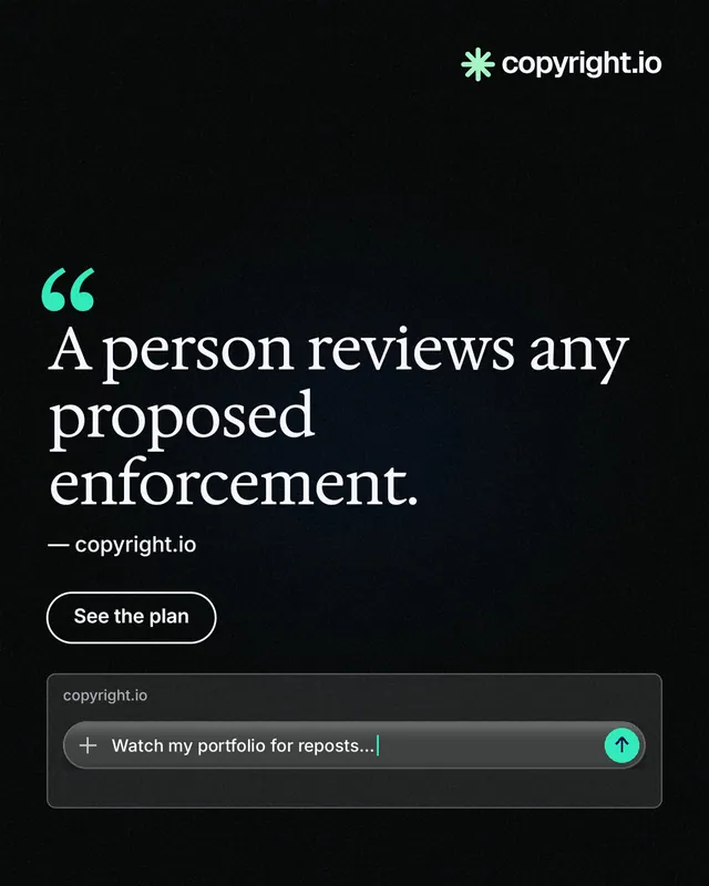 Instagram portrait post for copyright.io: "A person reviews any proposed enforcement." Phosphor atlas style, quote layout, dark palette in black.